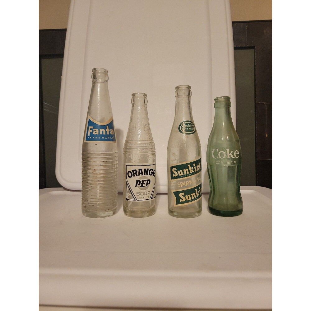 Lot Of 4 Vintage 60s? Soda Bottles Coca Cola Coke Orange Pep Fanta Sunkist Vtg